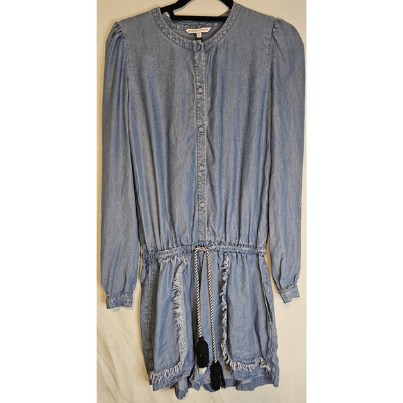 Rebecca Minkoff Pants - Rebecca Minkoff Denim Romper Shorts Frayed Tassels Longsleeve Button Up